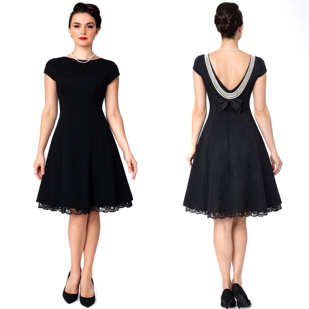 Vintage Frank Usher Dress M Black Knee Length Low Back Bow Pearls Elegant Event